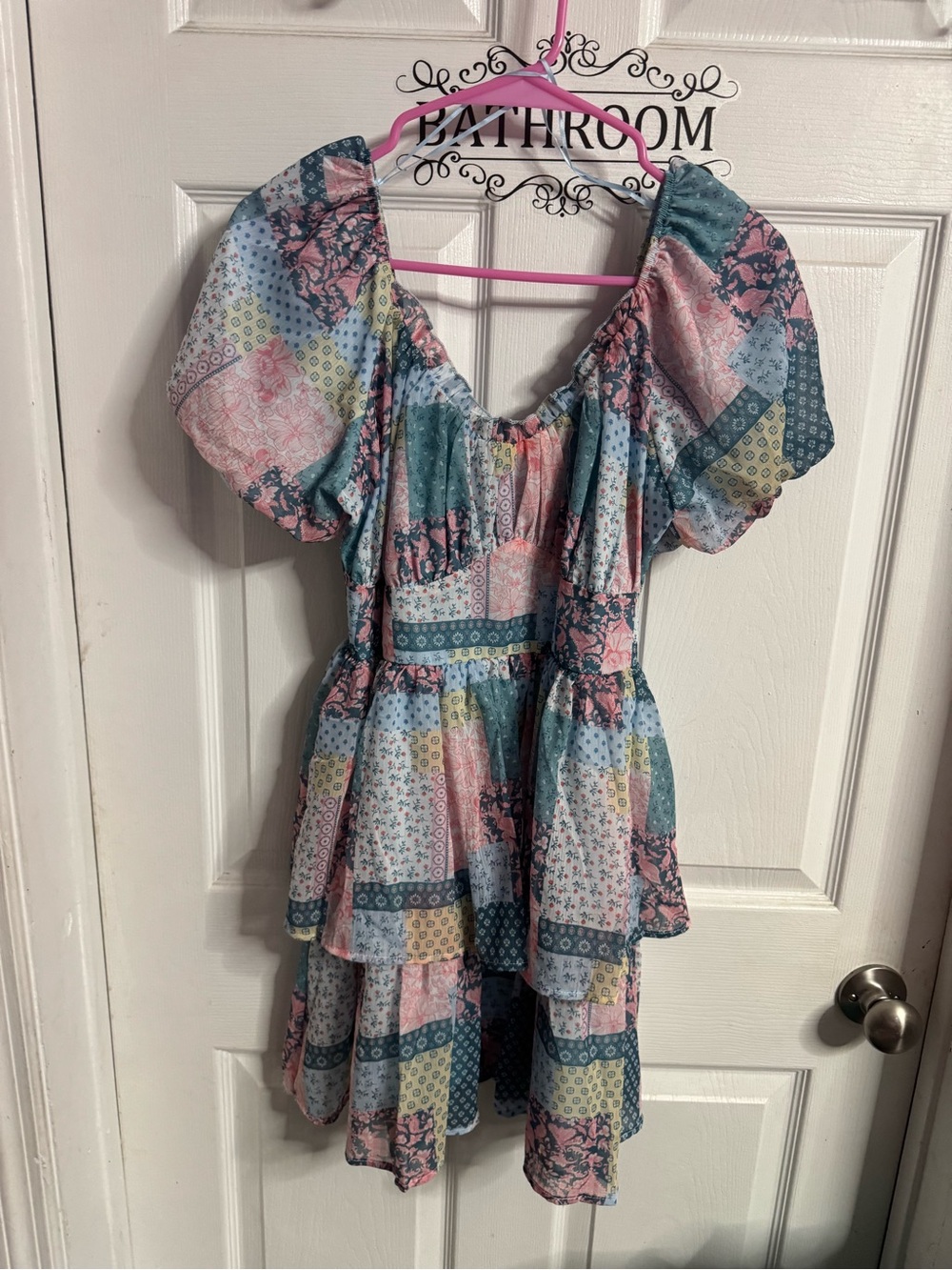 Simply Southern Patchwork Puff Sleeve Dress - Pink, Blue, Green
